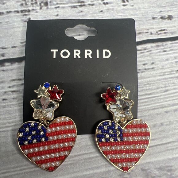 Torrid Earrings Heart Red White Blue Patriotic Fourth Of July Rhinestone America - Picture 4 of 7